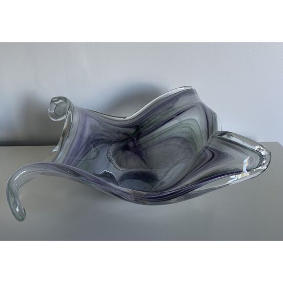 19” Murano Style Handblown Bowl Glass Ribbon Vase Wave Ribbed Purple Green Glass - Picture 5 of 16